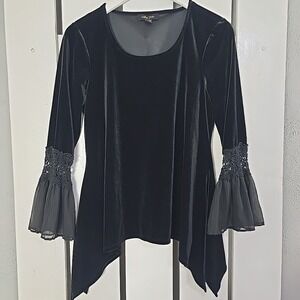 Melissa Paige‎ Velvet Asym Whimsigoth Bell Sleeve Tunic Top Petite Med Black